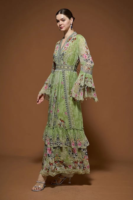 Buy_Nirraamyaa_Green Viscose, Georgette Rhinestones V-neck Floral Maxi Dress With Belt _Online_at_Aza_Fashions