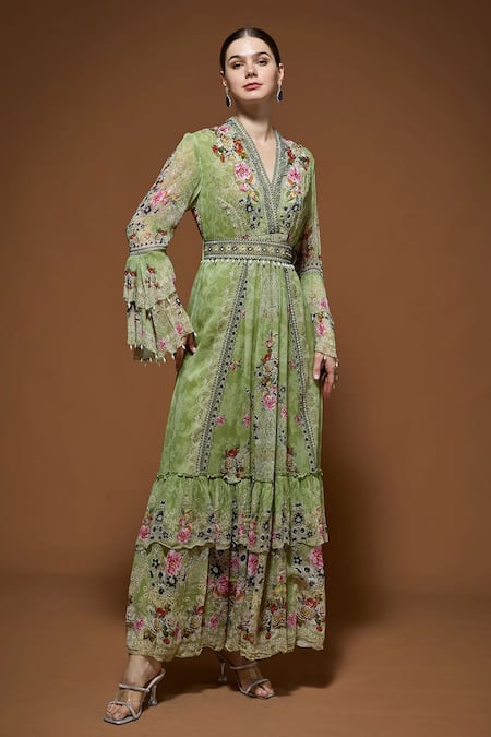 Shop_Nirraamyaa_Green Viscose, Georgette Rhinestones V-neck Floral Maxi Dress With Belt _Online_at_Aza_Fashions