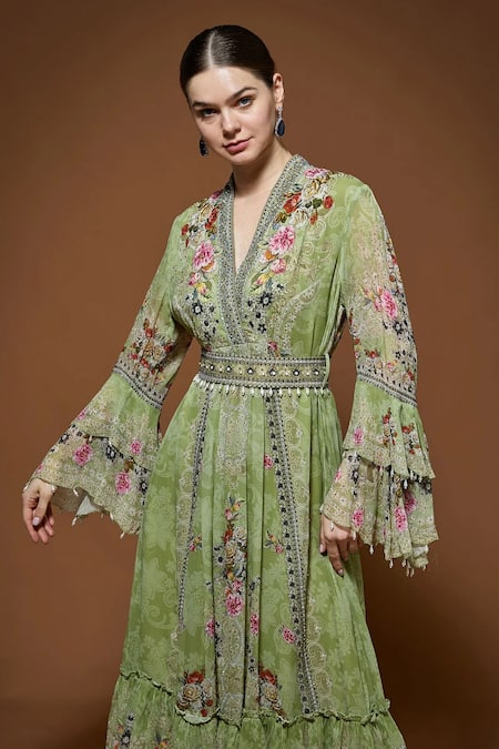 Nirraamyaa_Green Viscose, Georgette Rhinestones V-neck Floral Maxi Dress With Belt _at_Aza_Fashions