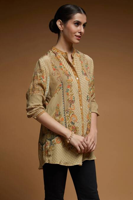 Nirraamyaa_Beige Crepe Rhinestones Mandarin Collar Floral Print Designer Shirt _Online_at_Aza_Fashions