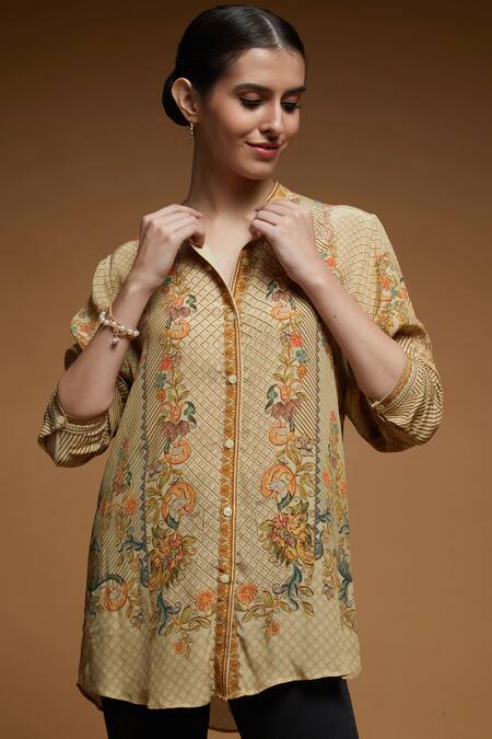 Shop_Nirraamyaa_Beige Crepe Rhinestones Mandarin Collar Floral Print Designer Shirt _Online_at_Aza_Fashions