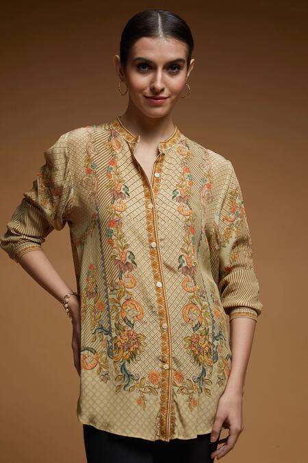 Nirraamyaa_Beige Crepe Rhinestones Mandarin Collar Floral Print Designer Shirt _at_Aza_Fashions