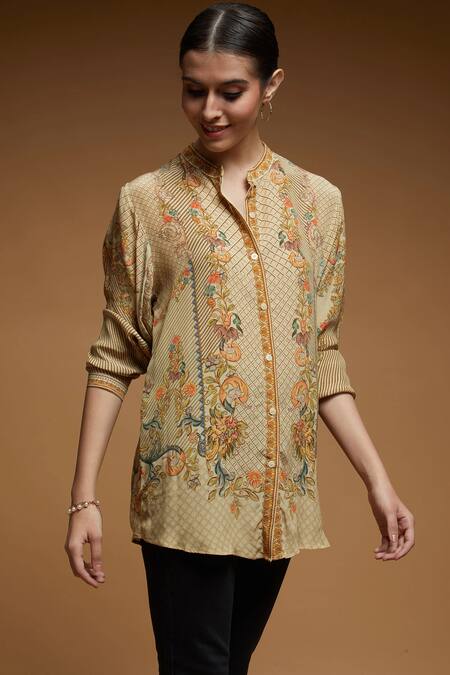 Buy_Nirraamyaa_Beige Crepe Rhinestones Mandarin Collar Floral Print Designer Shirt 