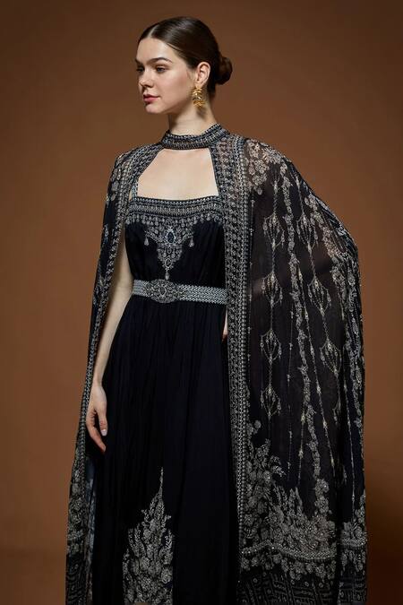 Nirraamyaa_Black Viscose, Georgette Rhinestones Square Neck Embellished Maxi Dress _Online_at_Aza_Fashions