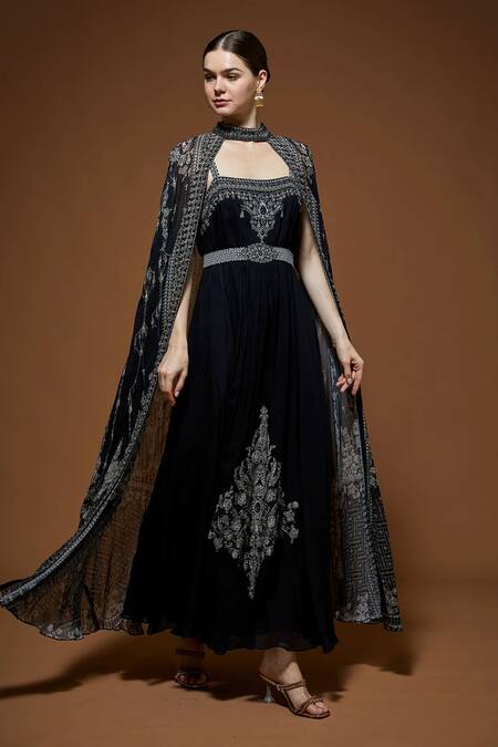 Buy_Nirraamyaa_Black Viscose, Georgette Rhinestones Square Neck Embellished Maxi Dress _Online_at_Aza_Fashions