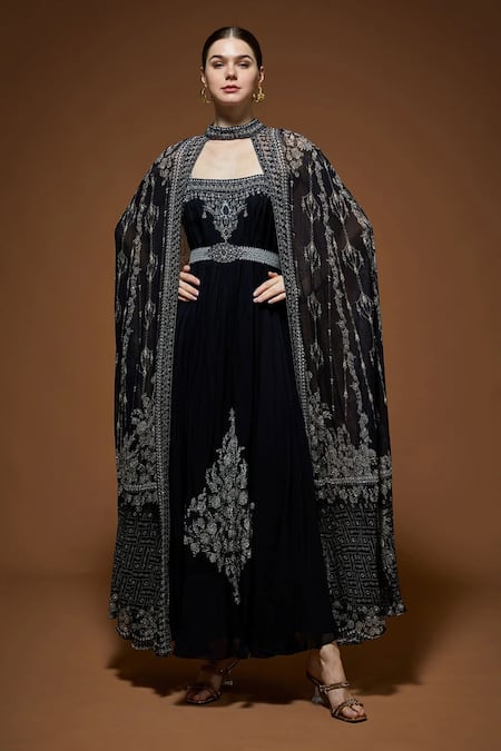 Nirraamyaa Black Rhinestone Embellished Maxi Dress 