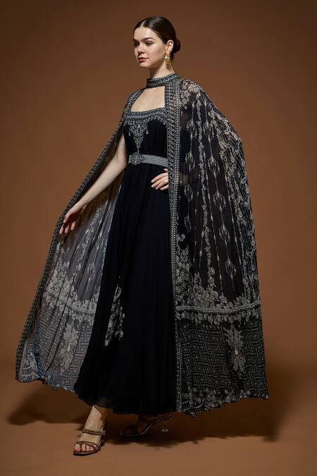 Nirraamyaa_Black Viscose, Georgette Rhinestones Square Neck Embellished Maxi Dress _at_Aza_Fashions