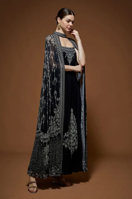 Buy_Nirraamyaa_Black Viscose, Georgette Rhinestones Square Neck Embellished Maxi Dress 