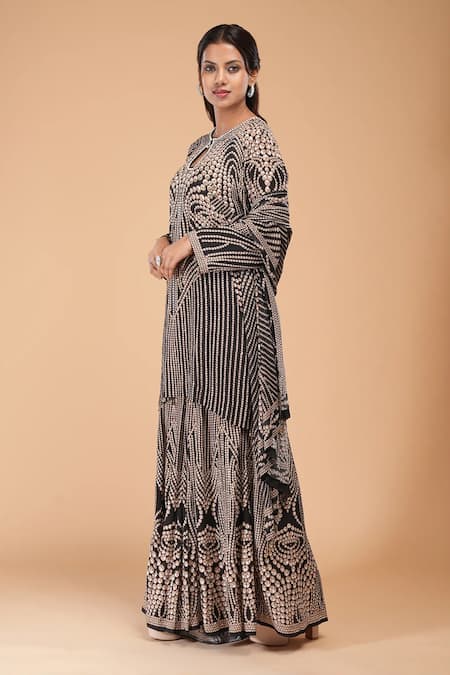 Nirraamyaa_Black Georgette Rhinestones Keyhole Neck Embroidered Kurta Set _Online_at_Aza_Fashions