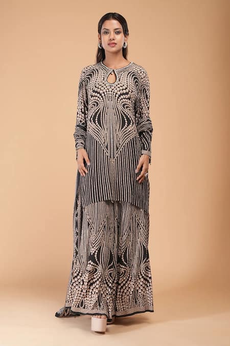 Buy_Nirraamyaa_Black Georgette Rhinestones Keyhole Neck Embroidered Kurta Set _Online_at_Aza_Fashions