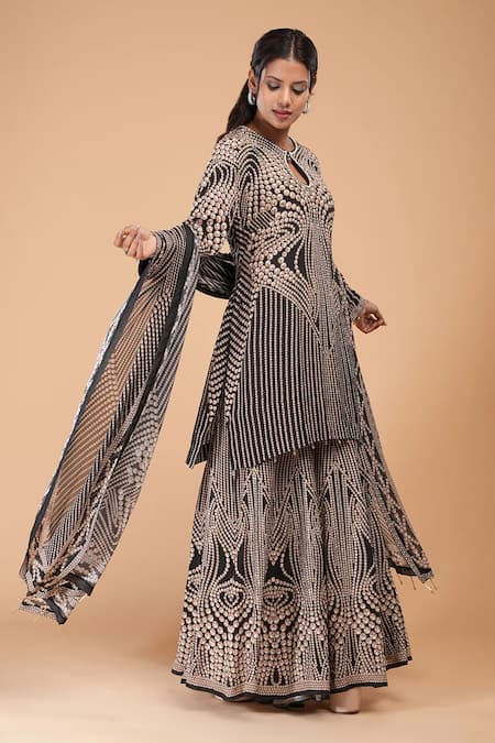 Shop_Nirraamyaa_Black Georgette Rhinestones Keyhole Neck Embroidered Kurta Set _Online_at_Aza_Fashions