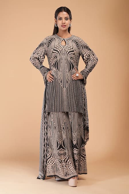 NIRRAAMYAA Black Rhinestone Embroidered Kurta Set 