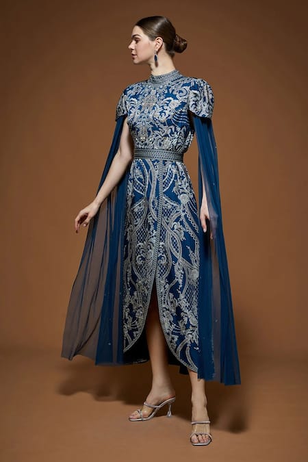 Nirraamyaa_Blue Crepe Rhinestones High Neck Designer Midi Dress With Belt _Online_at_Aza_Fashions
