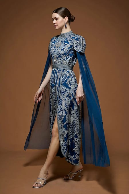 Buy_Nirraamyaa_Blue Crepe Rhinestones High Neck Designer Midi Dress With Belt _Online_at_Aza_Fashions