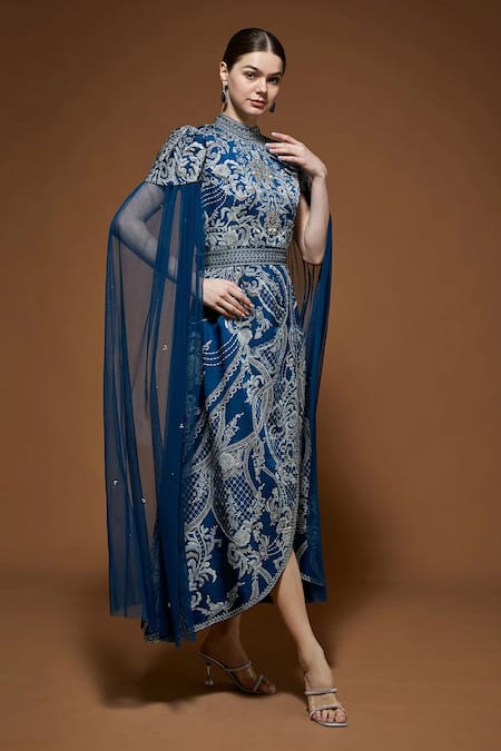 Shop_Nirraamyaa_Blue Crepe Rhinestones High Neck Designer Midi Dress With Belt _Online_at_Aza_Fashions