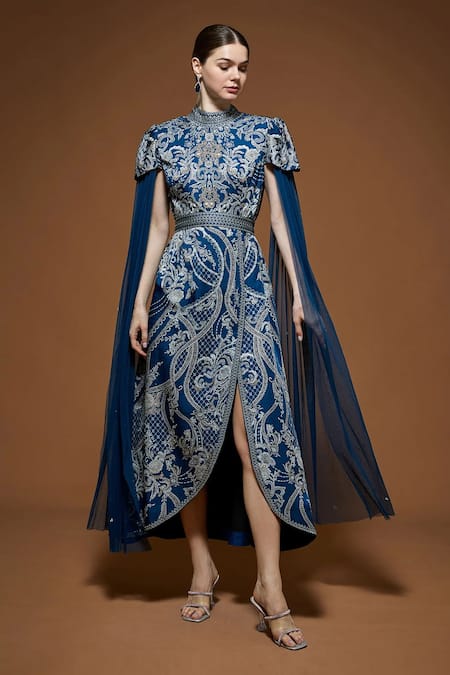 Nirraamyaa_Blue Crepe Rhinestones High Neck Designer Midi Dress With Belt _at_Aza_Fashions