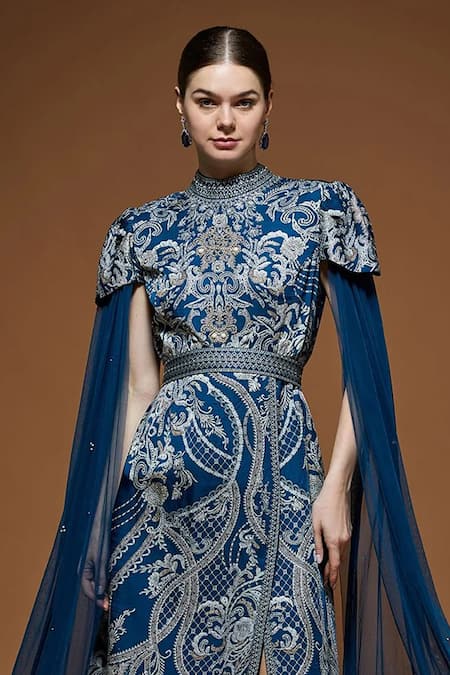 Buy_Nirraamyaa_Blue Crepe Rhinestones High Neck Designer Midi Dress With Belt 