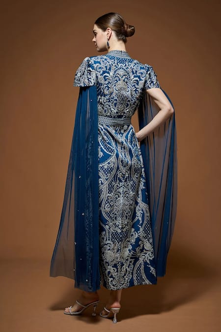 Nirraamyaa Designer Blue Midi Dress With Belt 