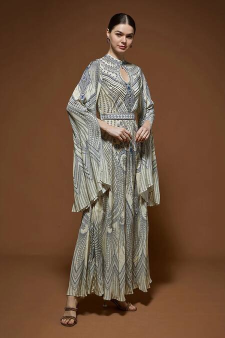 Nirraamyaa_Beige Crepe Rhinestones Keyhole Neck Embellished Gown With Belt _Online_at_Aza_Fashions