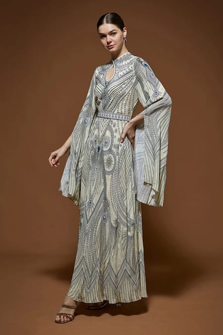 Buy_Nirraamyaa_Beige Crepe Rhinestones Keyhole Neck Embellished Gown With Belt _Online_at_Aza_Fashions