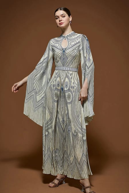 Shop_Nirraamyaa_Beige Crepe Rhinestones Keyhole Neck Embellished Gown With Belt _Online_at_Aza_Fashions