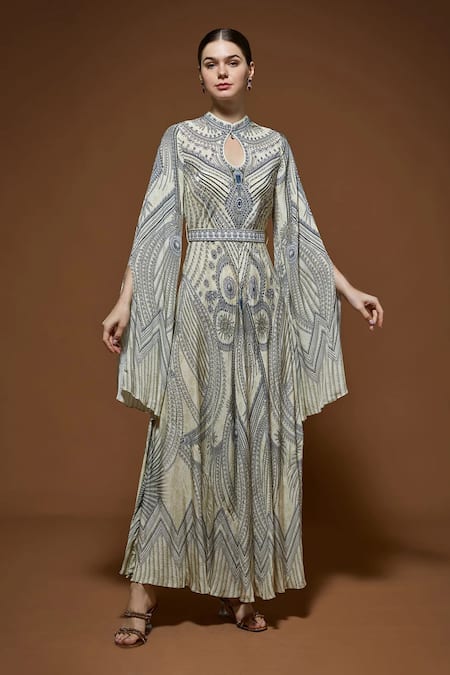 Nirraamyaa Beige Crepe Rhinestones Keyhole Neck Embellished Gown With Belt 