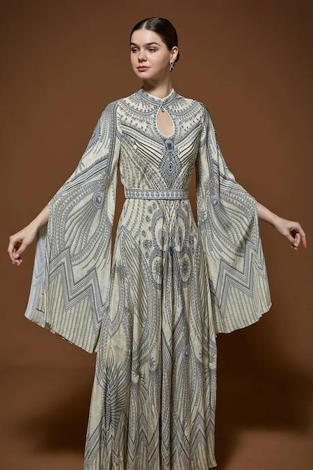 Nirraamyaa_Beige Crepe Rhinestones Keyhole Neck Embellished Gown With Belt _at_Aza_Fashions