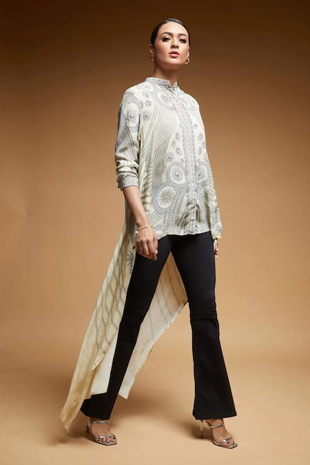 Nirraamyaa_Beige Crepe Rhinestones Mandarin Collar Bemberg Shirt _Online_at_Aza_Fashions