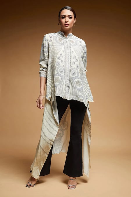 Buy_Nirraamyaa_Beige Crepe Rhinestones Mandarin Collar Bemberg Shirt _Online_at_Aza_Fashions