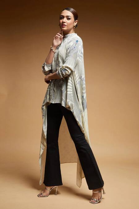 Shop_Nirraamyaa_Beige Crepe Rhinestones Mandarin Collar Bemberg Shirt _Online_at_Aza_Fashions