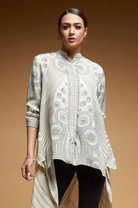 Nirraamyaa_Beige Crepe Rhinestones Mandarin Collar Bemberg Shirt _at_Aza_Fashions