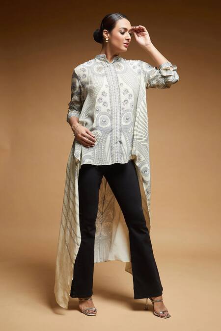 Buy_Nirraamyaa_Beige Crepe Rhinestones Mandarin Collar Bemberg Shirt 