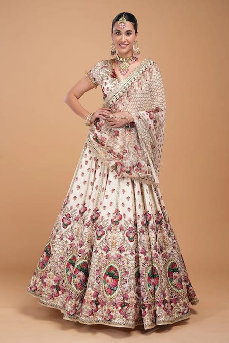 Buy Nirraamyaa Ivory Silk, Viscose, Satin, Organza Rhinestones, Embroidery Round Lehenga Set Buy_Nirraamyaa_Ivory Silk, Viscose, Satin, Organza Rhinestones, Embroidery Round Lehenga Set