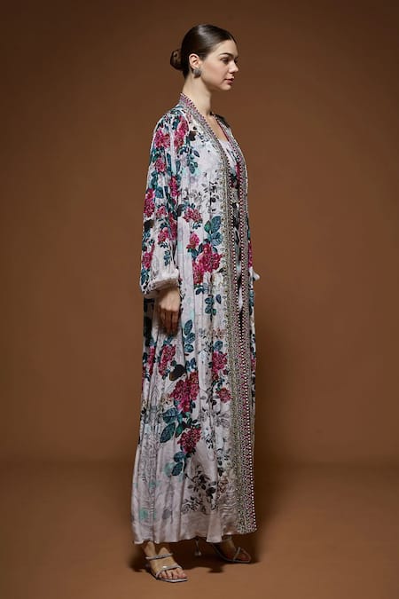 Nirraamyaa_Beige Crepe Rhinestones Round Neck Floral Maxi Dress With Cape _Online_at_Aza_Fashions