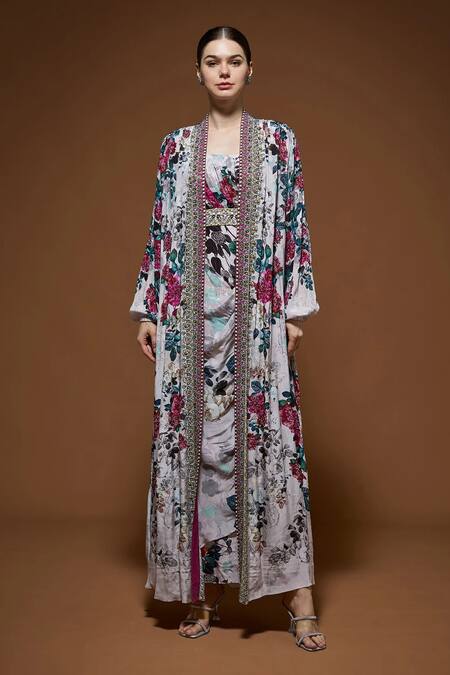 Buy_Nirraamyaa_Beige Crepe Rhinestones Round Neck Floral Maxi Dress With Cape _Online_at_Aza_Fashions