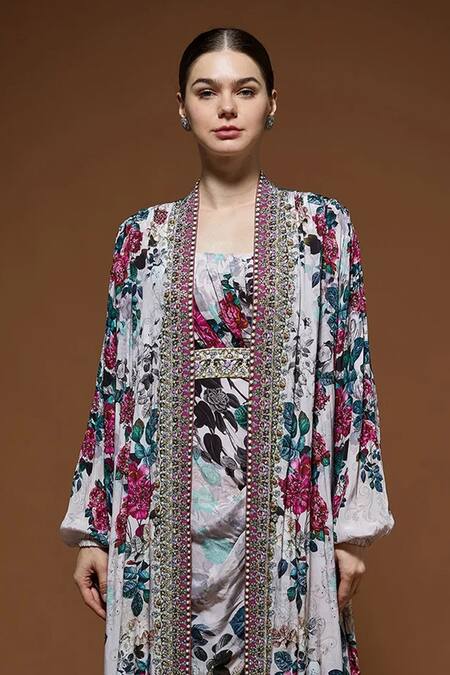 Nirraamyaa_Beige Crepe Rhinestones Round Neck Floral Maxi Dress With Cape _at_Aza_Fashions