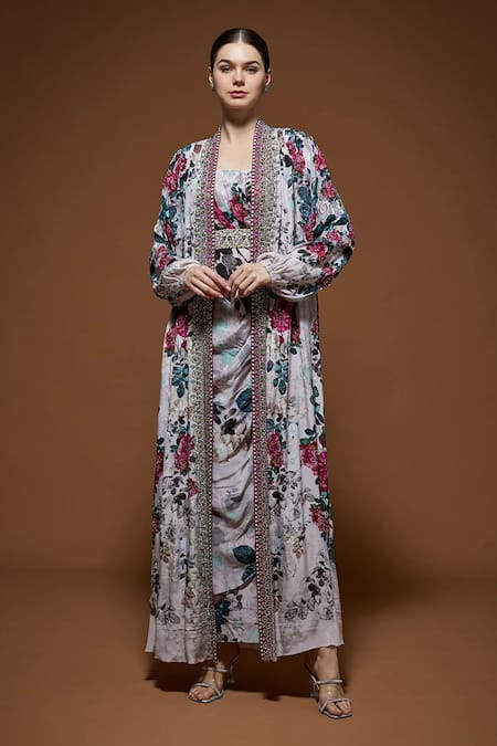 Nirraamyaa Beige Floral Maxi Dress With Cape 