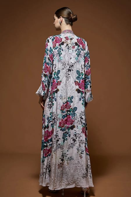 Nirraamyaa Beige Floral Maxi Dress With Cape 