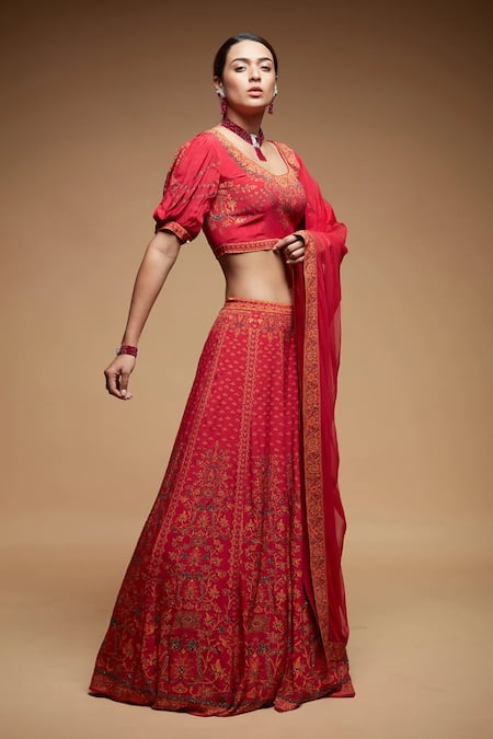 Nirraamyaa_Red Net, Crepe Rhinestones Round Neck Embroidered Lehenga Set _Online_at_Aza_Fashions