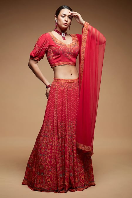 Buy_Nirraamyaa_Red Net, Crepe Rhinestones Round Neck Embroidered Lehenga Set _Online_at_Aza_Fashions