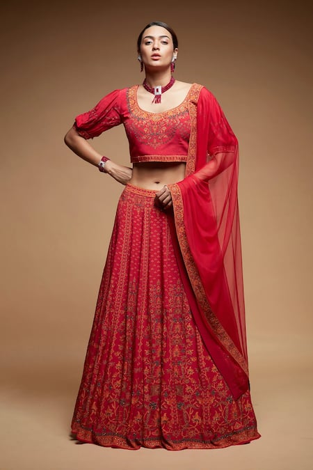Shop_Nirraamyaa_Red Net, Crepe Rhinestones Round Neck Embroidered Lehenga Set _Online_at_Aza_Fashions