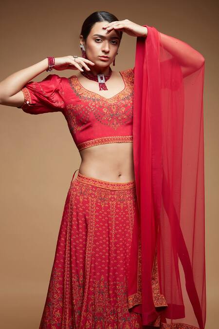 Nirraamyaa_Red Net, Crepe Rhinestones Round Neck Embroidered Lehenga Set _at_Aza_Fashions