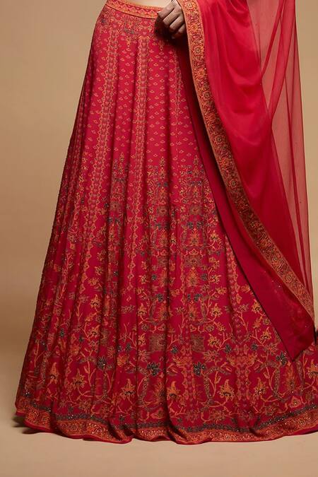 Buy_Nirraamyaa_Red Net, Crepe Rhinestones Round Neck Embroidered Lehenga Set 
