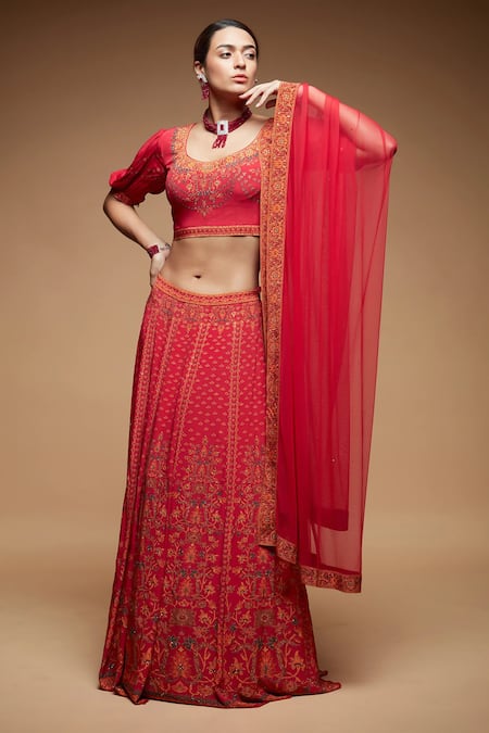 NIRRAAMYAA Red Rhinestone Embroidered Lehenga Set 