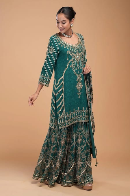 Nirraamyaa_Teal Georgette, Viscose, Crepe, Brocade Rhinestones Round Embroidered Kurta Set _Online_at_Aza_Fashions