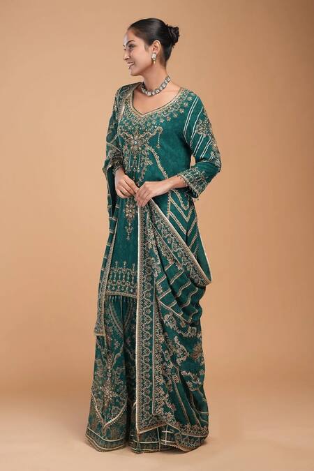 Buy_Nirraamyaa_Teal Georgette, Viscose, Crepe, Brocade Rhinestones Round Embroidered Kurta Set _Online_at_Aza_Fashions