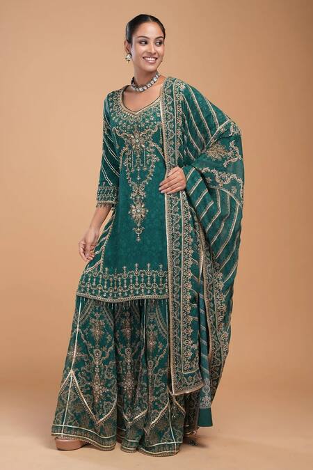 Nirraamyaa_Teal Georgette, Viscose, Crepe, Brocade Rhinestones Round Embroidered Kurta Set _at_Aza_Fashions