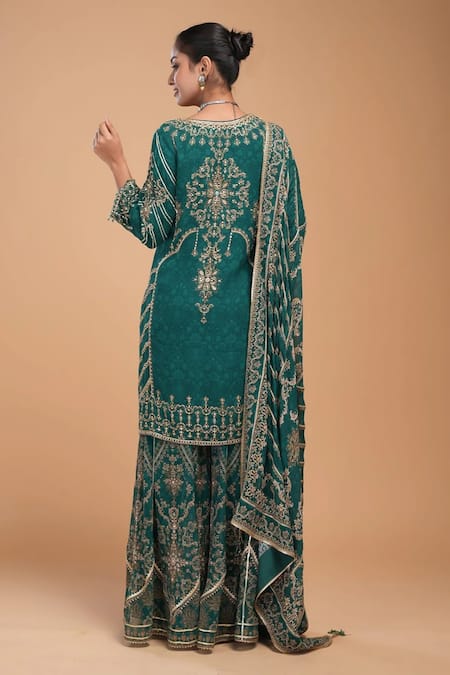Shop_Nirraamyaa_Teal Georgette, Viscose, Crepe, Brocade Rhinestones Round Embroidered Kurta Set _at_Aza_Fashions