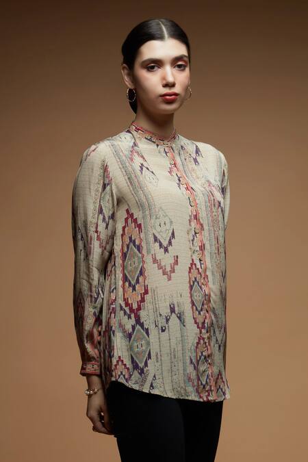 Nirraamyaa Beige Rhinestones Mandarin Collar Embellished Shirt Online at Aza Fashions Nirraamyaa_Beige Rhinestones Mandarin Collar Embellished Shirt _Online_at_Aza_Fashions