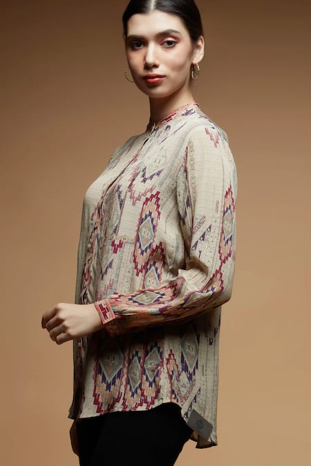 Buy Nirraamyaa Beige Rhinestones Mandarin Collar Embellished Shirt Online at Aza Fashions Buy_Nirraamyaa_Beige Rhinestones Mandarin Collar Embellished Shirt _Online_at_Aza_Fashions